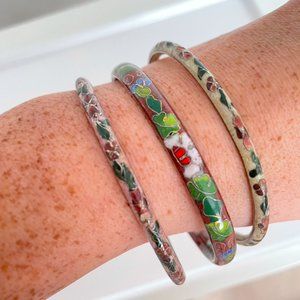 Vintage Set of Enamel Floral Cloisonne Bangle Bracelets